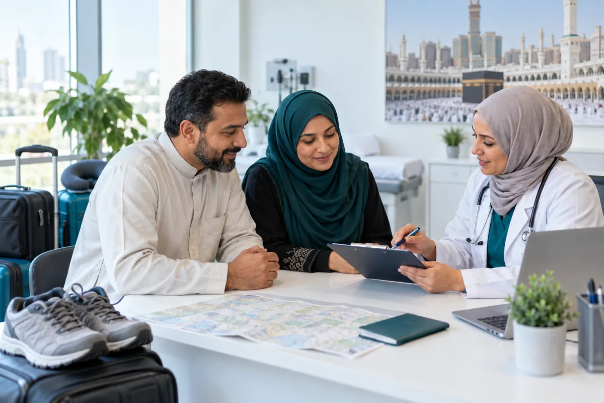 A Muslim couple preparing for pilgrimage during a travel health consultation