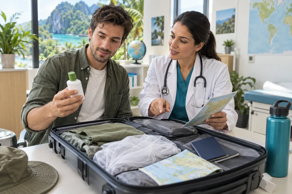 A traveller and physician reviewing mosquito protection supplies