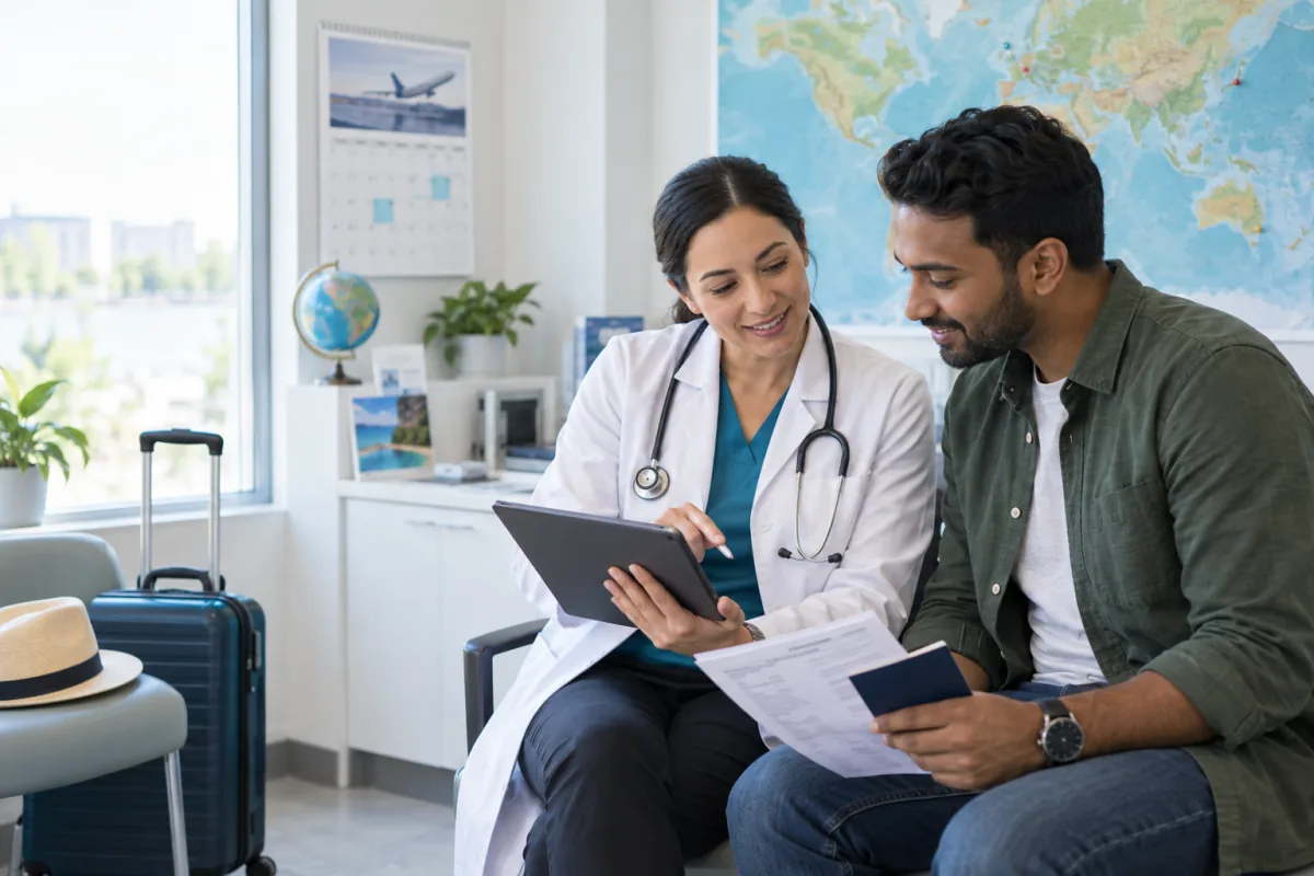A physician reviewing an international itinerary with a traveller