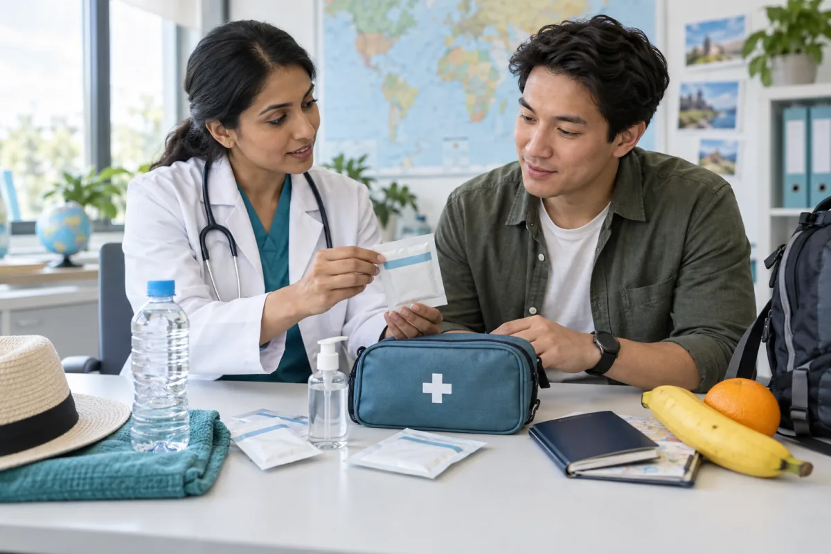 A physician helping a traveller assemble a food and water safety kit