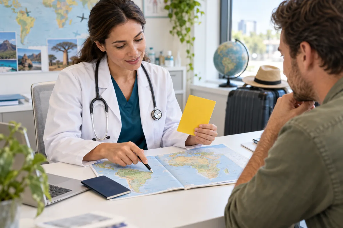 A travel health physician reviewing a route and yellow vaccination booklet