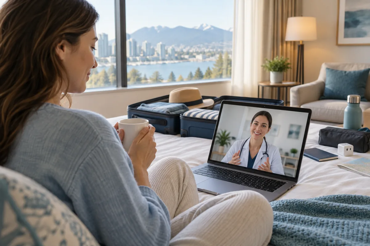 A traveller having a telehealth appointment from a hotel room