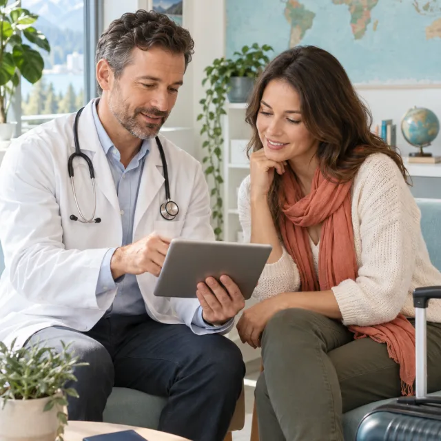 A physician and traveller reviewing an international itinerary together