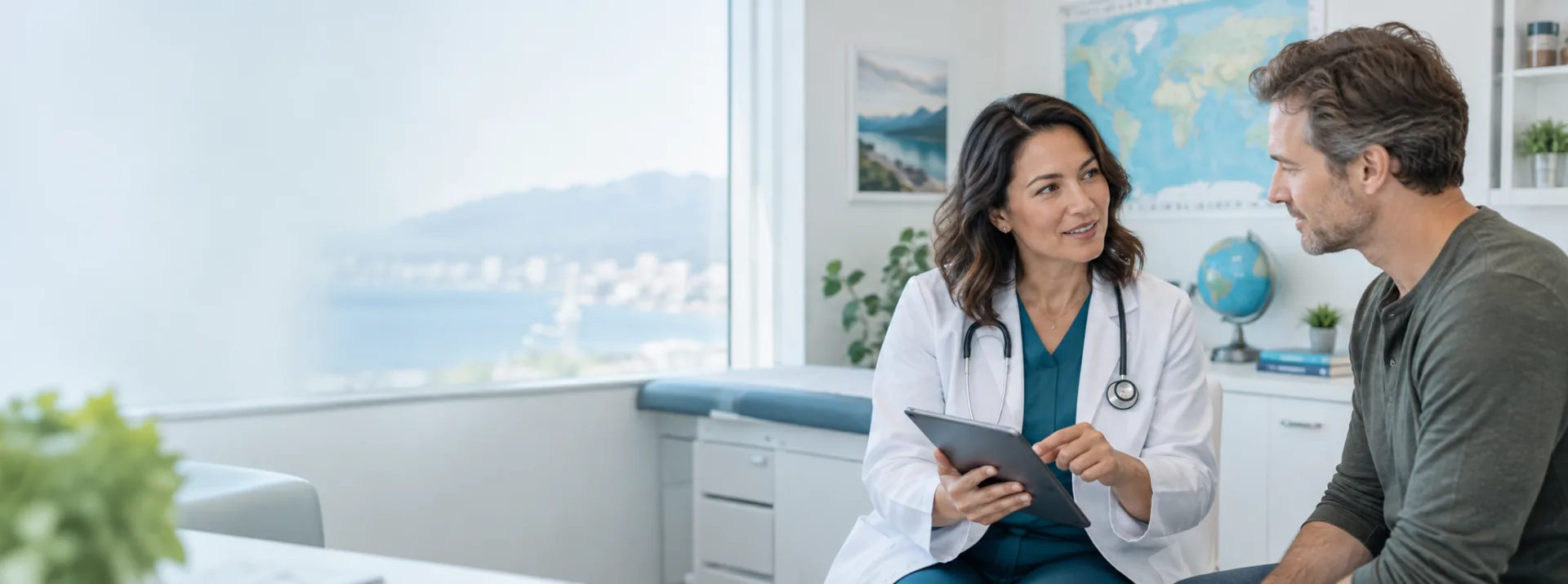 A patient discussing a travel health plan with a physician
